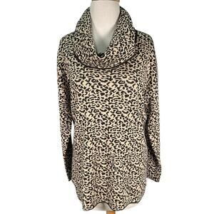 Calvin Klein Cowl Neck Tunic Sweater Medium Black Camel Cheetah Leopard Print